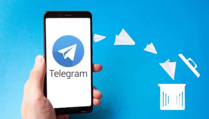 Illustration of how to delete Telegram account, with the Telegram app logo on a phone screen and paper planes flying toward a trash can icon.