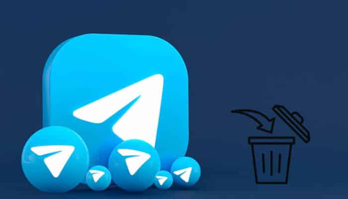 Illustration showing the process to delete Telegram account, with Telegram app icons rolling toward a trash can