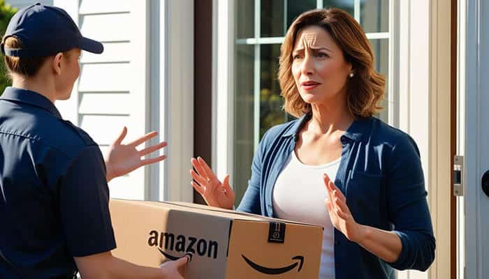 Woman demonstrating how to refuse Amazon delivery by politely declining a package from the delivery person at her doorstep