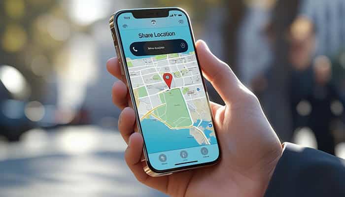 Hand holding an iPhone showing a map with a location pin, demonstrating how to share location on iPhone easily and accurately