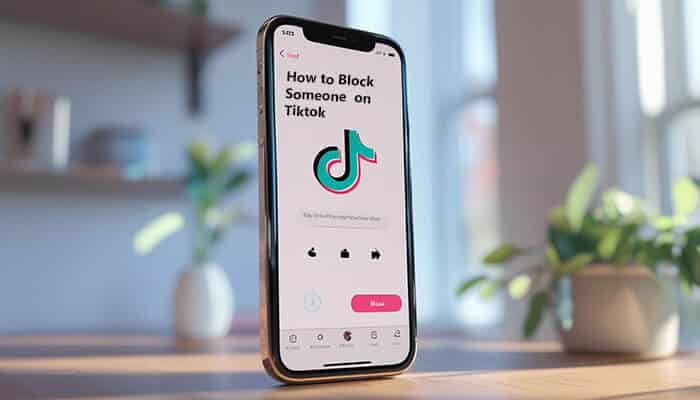A smartphone on a table displaying a screen with the title How to Block Someone on TikTok and the TikTok logo, with a blurred background featuring indoor plants and shelves