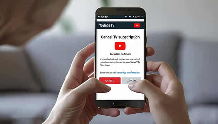 Person holding a smartphone displaying the YouTube TV app screen with the option to cancel TV subscription, illustrating how to cancel YouTube TV