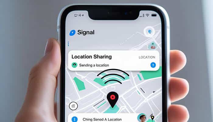 Close-up of an iPhone screen showing the Signal app with active location sharing, illustrating how to share location on iPhone securely and in real-time
