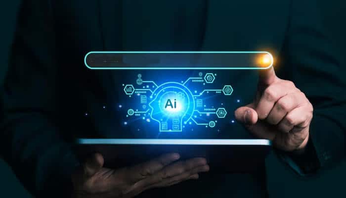 Person interacting with a tablet displaying a visual representation of Generative AI, showcasing interconnected data and artificial intelligence concepts