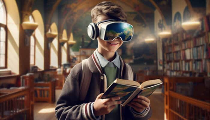 A young student wearing virtual reality goggles and reading a book in a digital classroom environment showcasing the impact of AI tools for education on modern learning