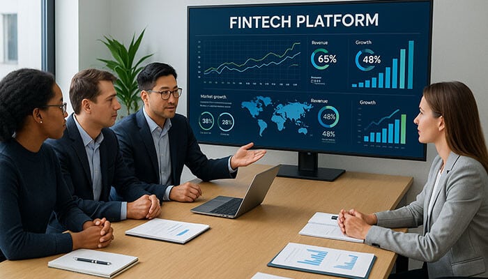 Team of professionals discussing data visualizations on a fintech platform dashboard in a modern office, showcasing strategy, growth, and revenue metrics.