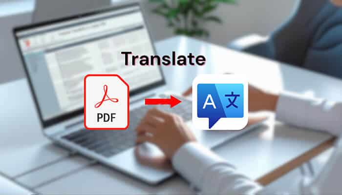 Person using a laptop to translate large PDFs documents with the help of translation software, demonstrating the ease of converting large PDFs into multiple languages