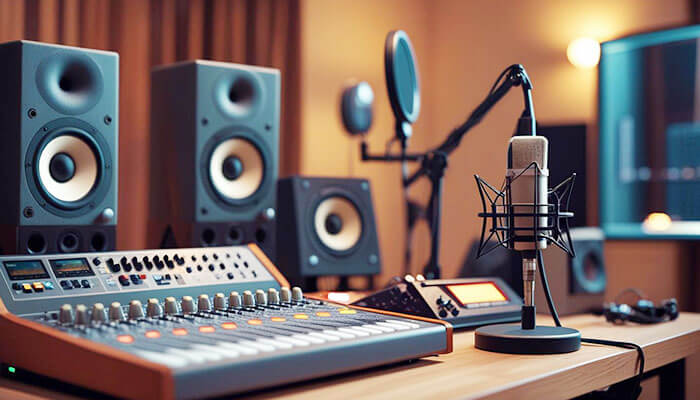 Professional audio equipment and microphone set up in a modern home recording studio.