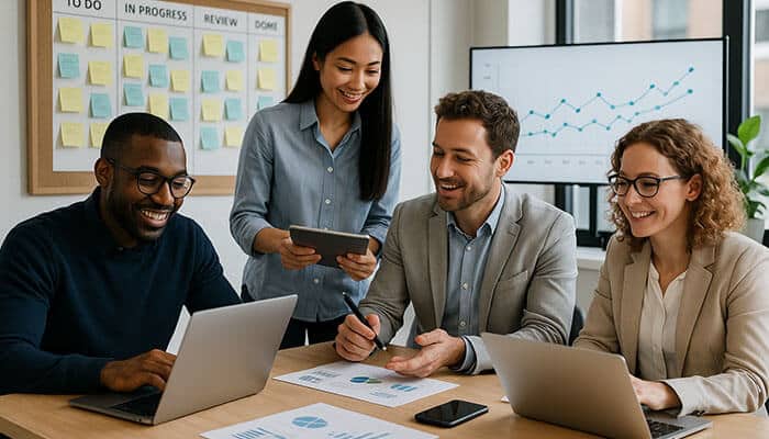 A diverse team collaborating around a table with laptops, charts, and digital tools, showcasing strategies to optimize team efficiency in a modern workplace.