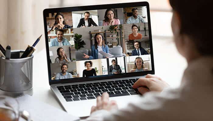Person attending an online webinar on a laptop with multiple participants visible in a virtual meeting grid, showcasing digital engagement through a webinar platform