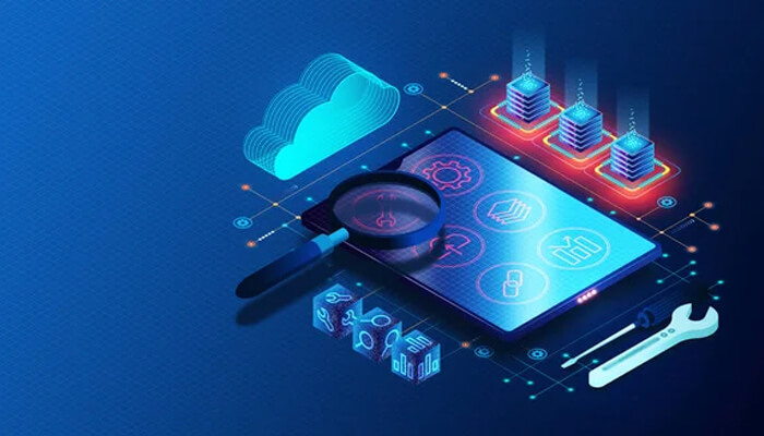 Digital interface with icons, cloud systems, and tools representing the software development cycle in a tech environment.