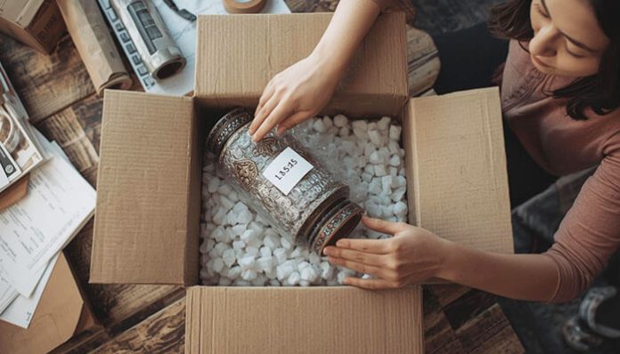 Woman placing a fragile jar into a cardboard box filled with protective packing peanuts, showing how to pack valuable items safely for moving or storage.