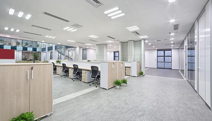 Spacious modern office interior showcasing Commercial Lighting for Workspaces with bright LED ceiling panels, ergonomic desks, and natural design elements.