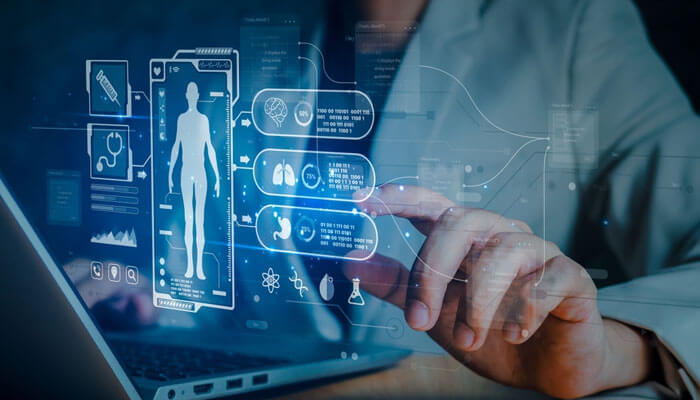 Doctor using AI in medical software on a digital interface to analyze patient health data and improve clinical decision-making.