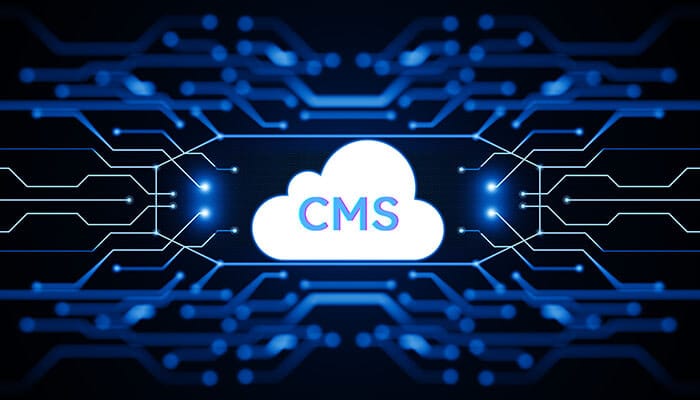 A digital illustration of a glowing cloud labeled “CMS” surrounded by blue circuit lines, representing cloud-based technology and modern startup website platform solutions for content management.