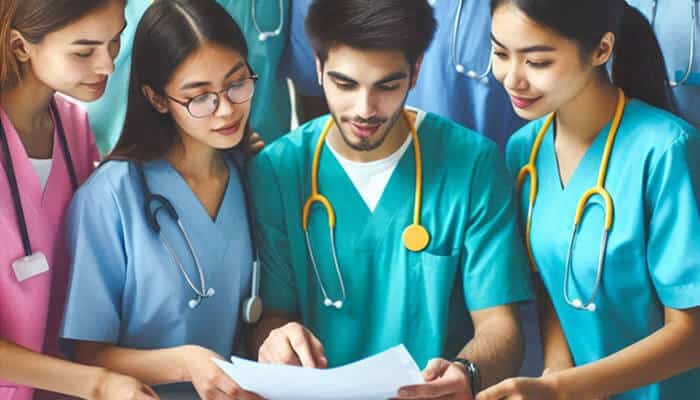 A group of young healthcare professionals in scrubs reviewing documents together, symbolizing teamwork, training, and growth in small practices staffing.