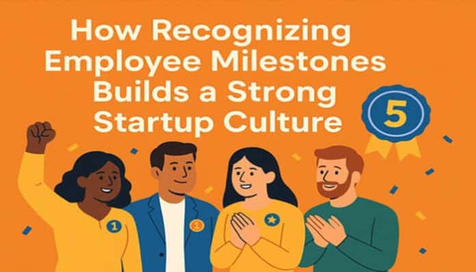 Illustration showing diverse employees celebrating achievement with recognition badges and pins, symbolizing how honoring employee milestones strengthens startup culture