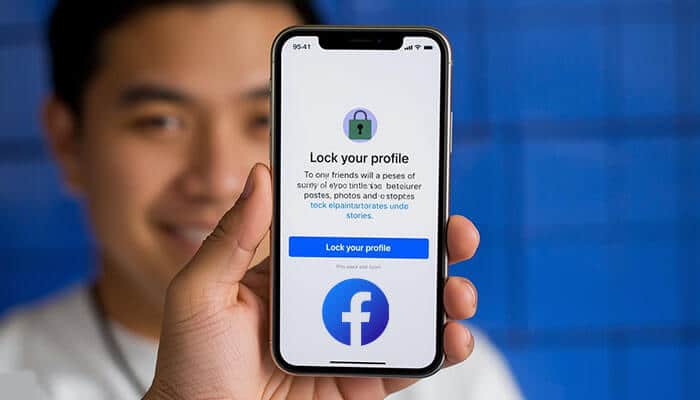 Person holding smartphone showing how to lock Facebook profile screen for privacy and security settings