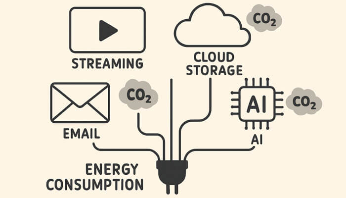 Illustration showing how streaming, cloud storage, email, and AI contribute to CO2 emissions and energy consumption, highlighting the impact of the digital carbon footprint.