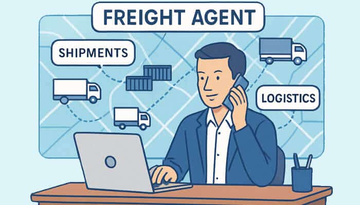 Independent freight agent coordinating shipments and logistics on a laptop and phone, managing freight operations with trucks and containers in the background.