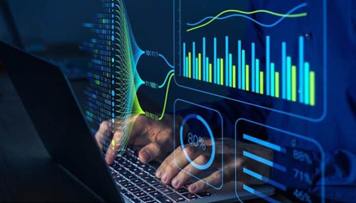 A person analyzing digital charts and data visualizations on a laptop, showing how a Document-to-Data Platform converts unstructured documents into actionable business insights.