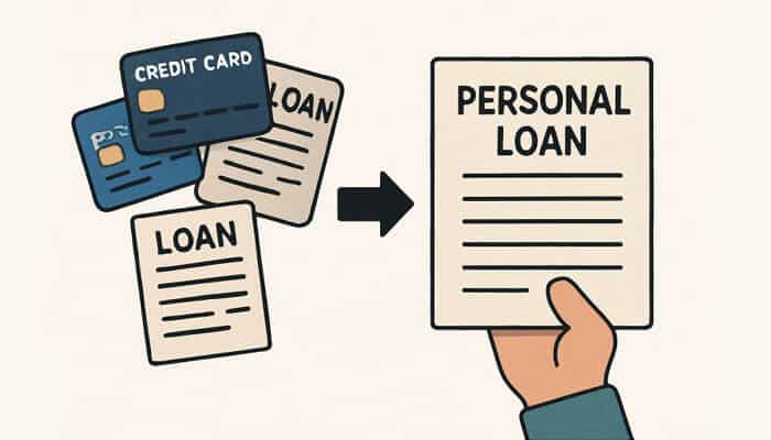 Illustration showing how credit cards and multiple loans can be consolidated into one personal loan, highlighting the benefits of personal loans for debt management.