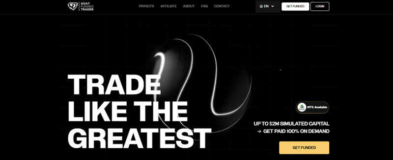 Goat Trader website promoting their funding options and simulated capital, positioning it as one of the best prop firms in the USA for aspiring traders
