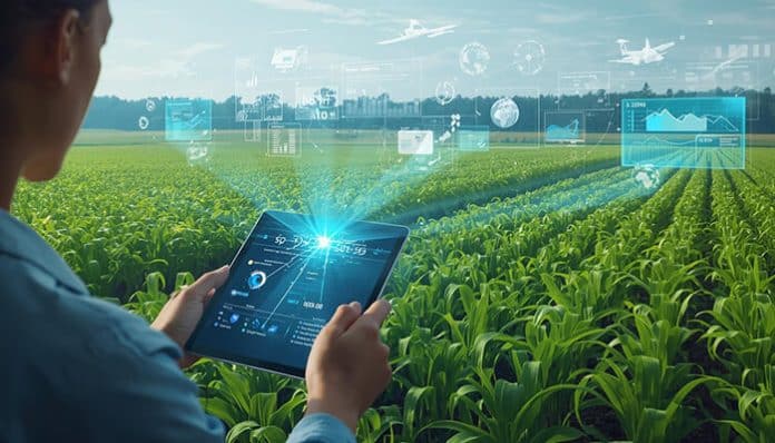 A farmer using a digital tablet to monitor crop data in a field, demonstrating the power of real-time satellite images in agriculture for smart farming decisions.