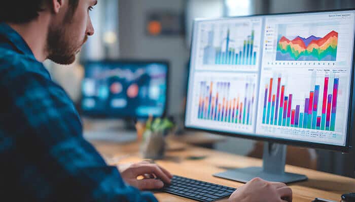 An employee analyzing colorful performance dashboards on a computer screen, showcasing data-driven performance management using analytics tools.